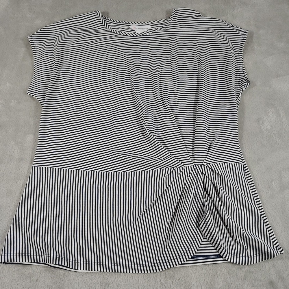 Liz Claiborne Blouse Women L Navy/White Striped Sleeveless Cinch Comfort Church